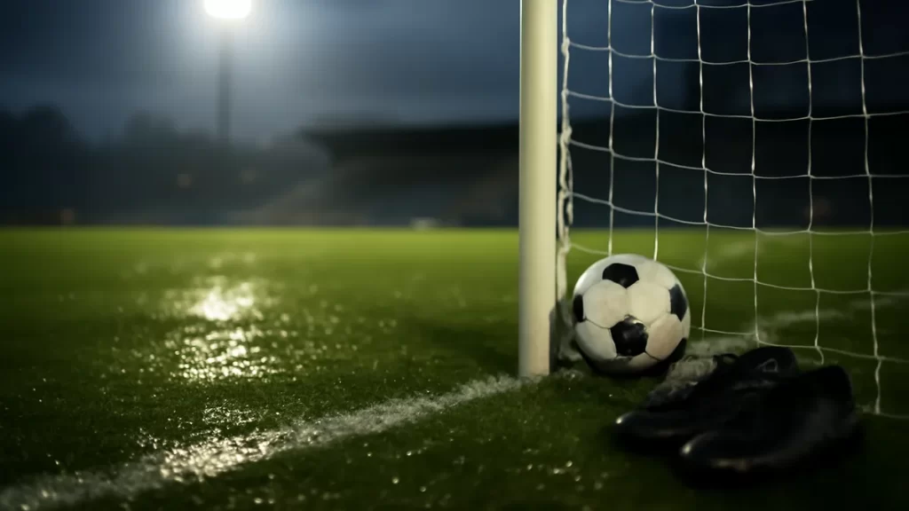 Putellas opens WSL account as London City climb; City keep perfect start Football lodged in goal net on wet pitch under floodlights, boots nearby.