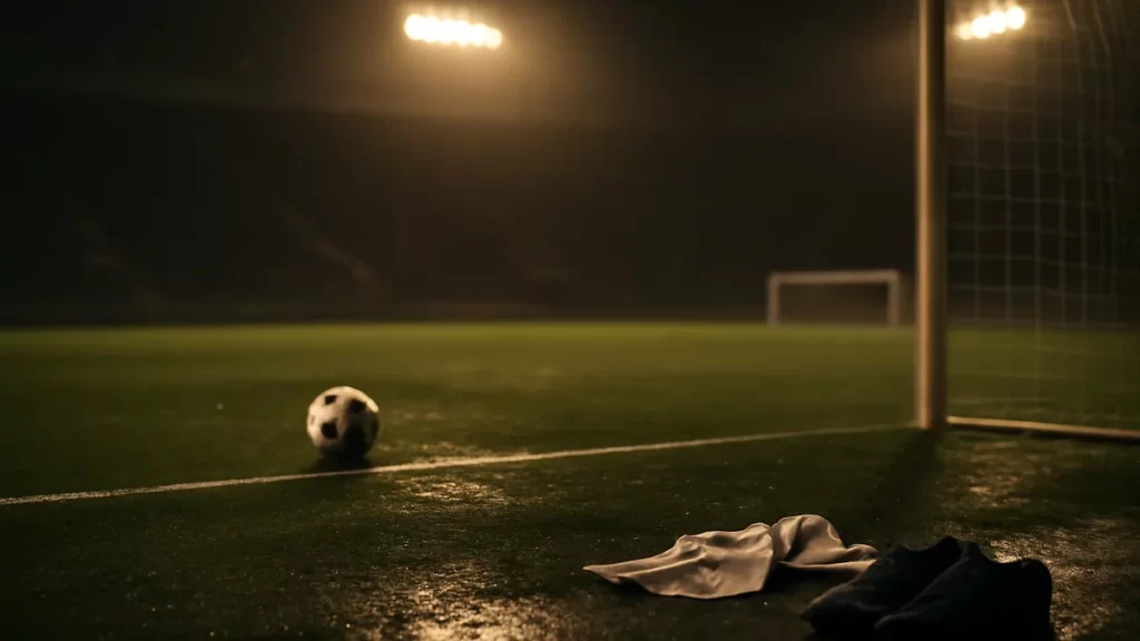 Racing Louisville and Boston Legacy officially out of NWSL playoff race Rain-slick pitch with lone ball, wet boots, empty stands and goal net.