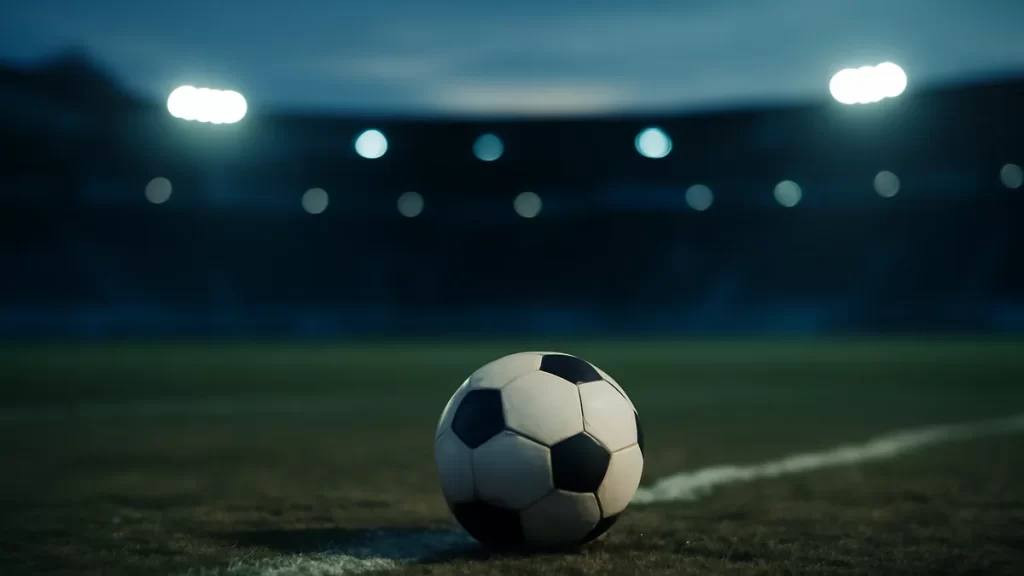 Rose Lavelle commits to Gotham FC through 2029 Soccer ball on centre circle at dusk under floodlights, empty stands blurred