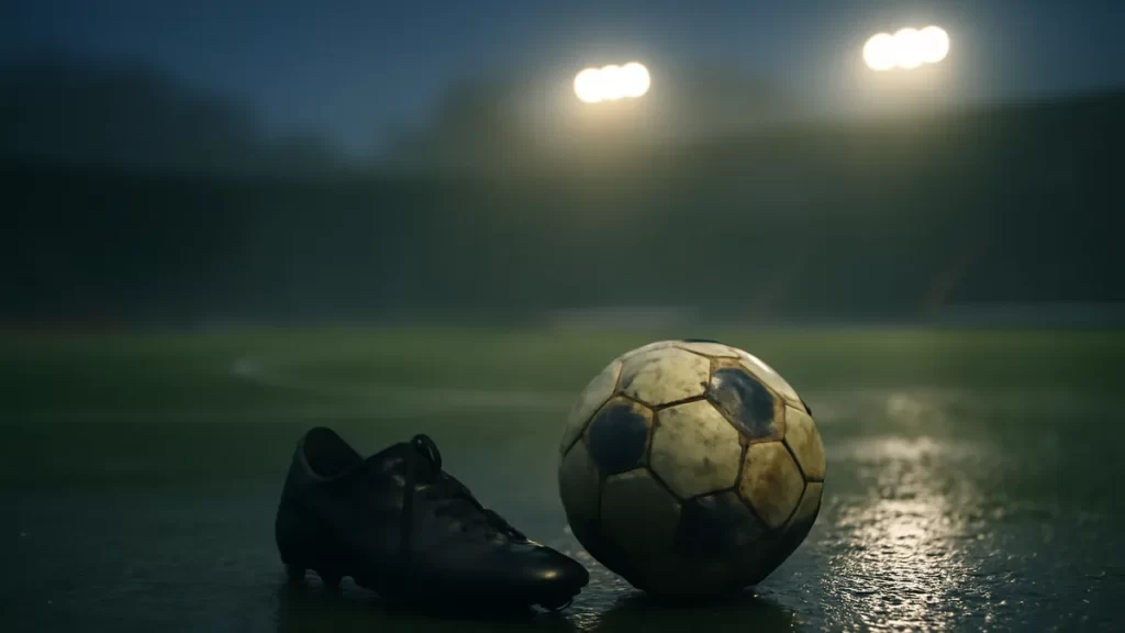 Rose Lavelle extends stay at Gotham FC through 2029 Rain-slicked pitch with boot and ball near center circle, empty stands blurred