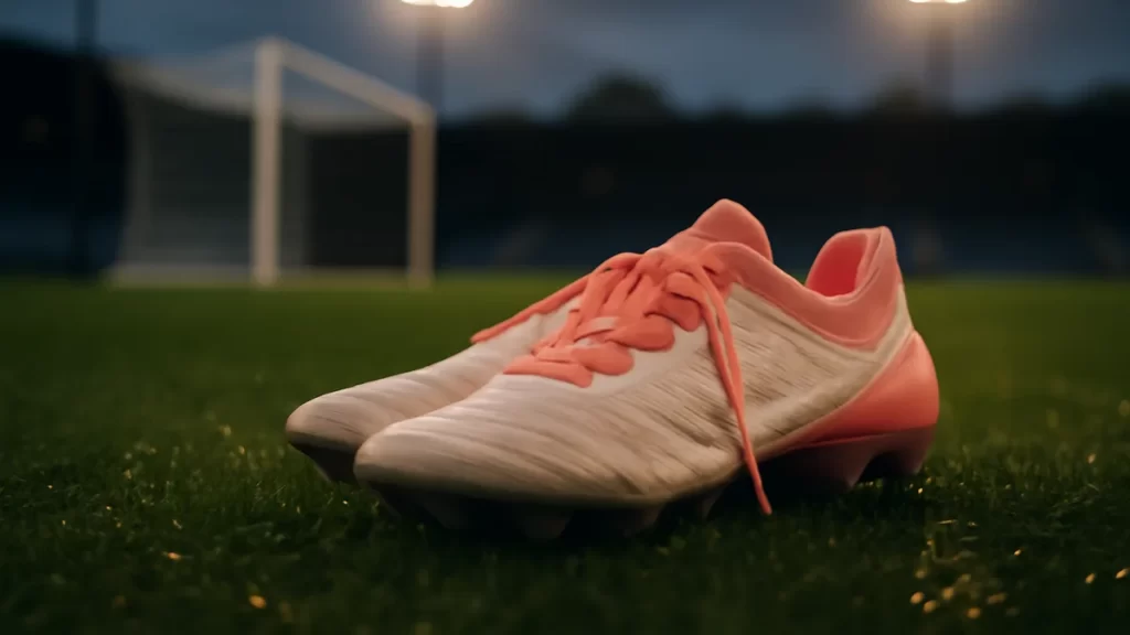 Wet unbranded football boots by penalty area, blurred goal and floodlights.