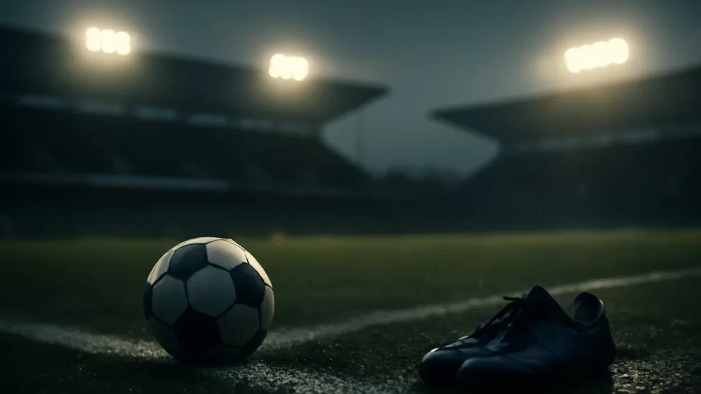 Wet match ball and abandoned cleats on sideline under stadium floodlights.
