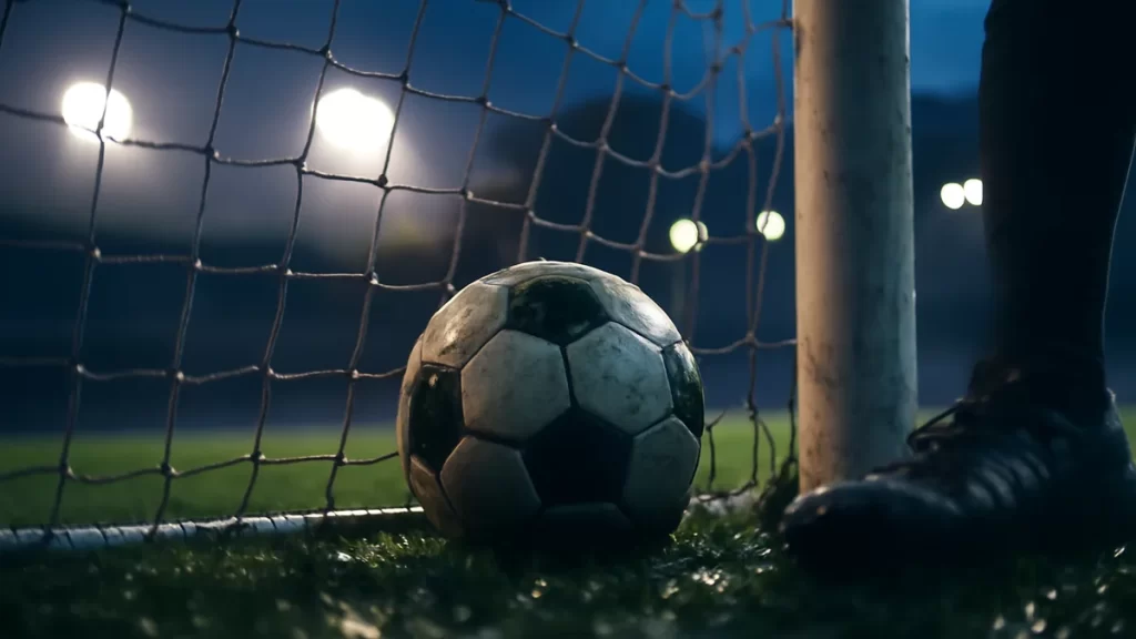 Thompson strike keeps Chelsea ahead as Arsenal waste chances Football in net on wet pitch under glowing stadium floodlights.