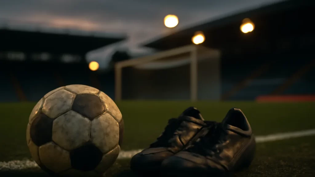 Scuffed ball and boots on touchline, goal net and floodlights behind