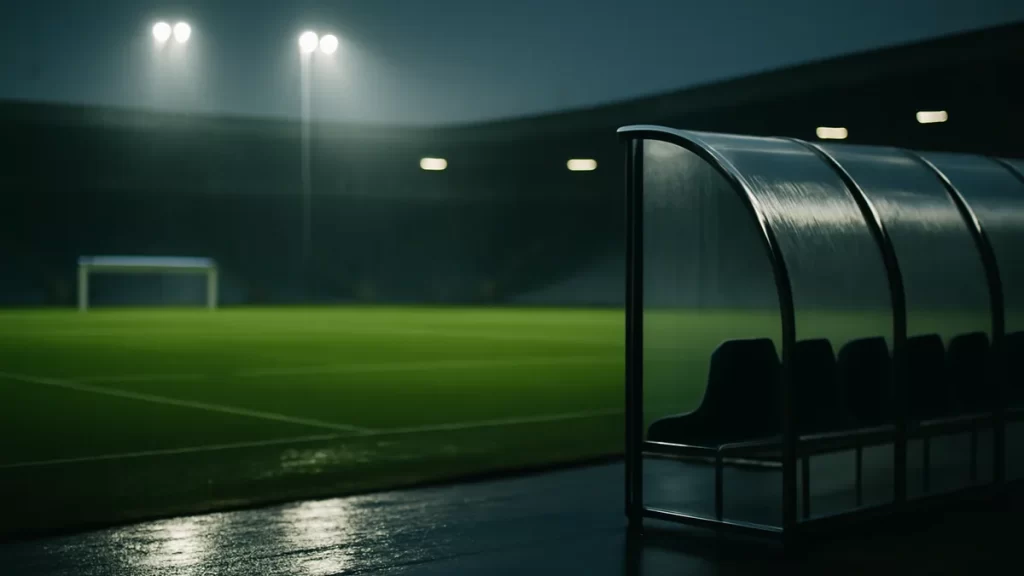 Vlatko Andonovski named Chicago Stars’ Chief Soccer Officer Empty stadium pitch at dusk with illuminated floodlights and bench.