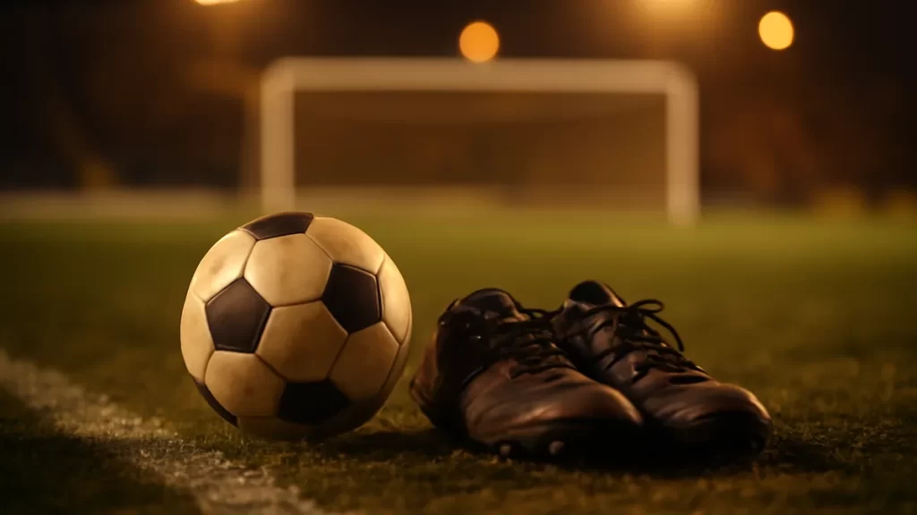 Football and boots by penalty area under floodlights, empty stands blurred.