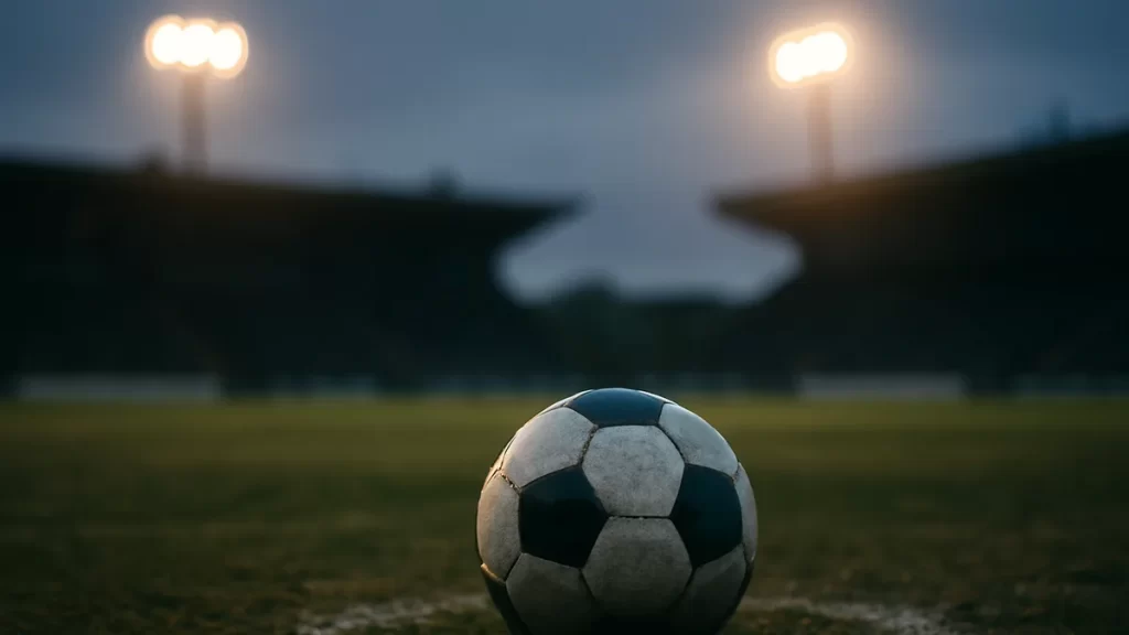Rain-slick match ball on center circle under glowing floodlights at dusk.