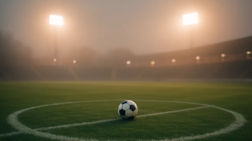 Lone match ball on center circle, misty floodlights, empty stadium stands.