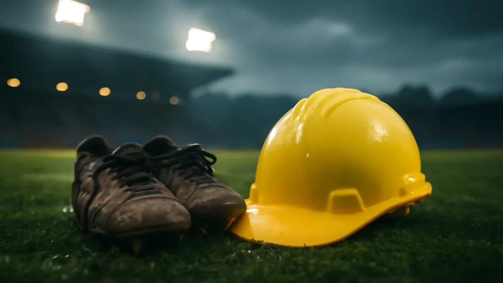 Muddy boots and construction helmet on wet pitch under floodlights.