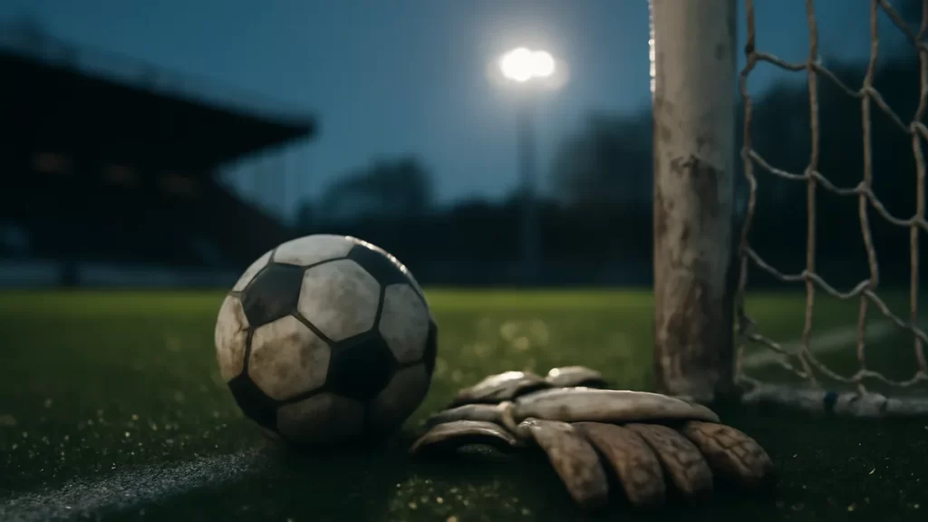 Worn goalkeeper gloves and ball on wet penalty area under floodlights.