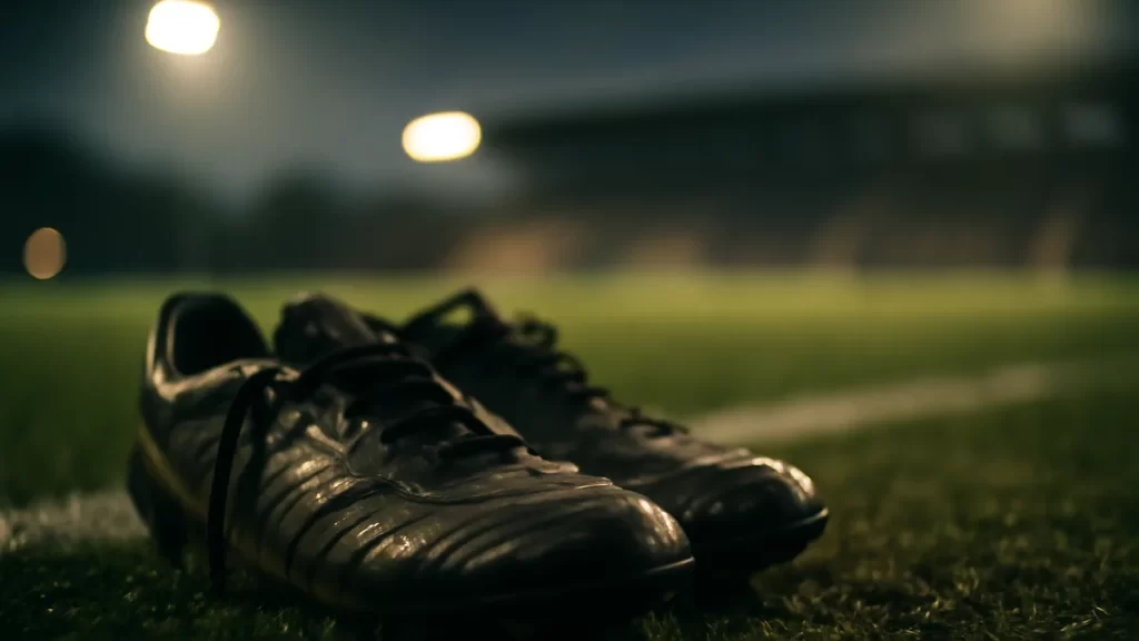 Worn football boots on wet touchline, floodlit empty stadium in background