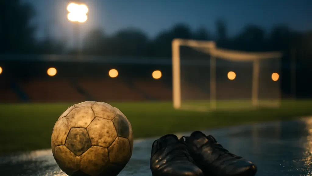 Rain-slick pitch at twilight with ball, boots, goal net, empty stands.