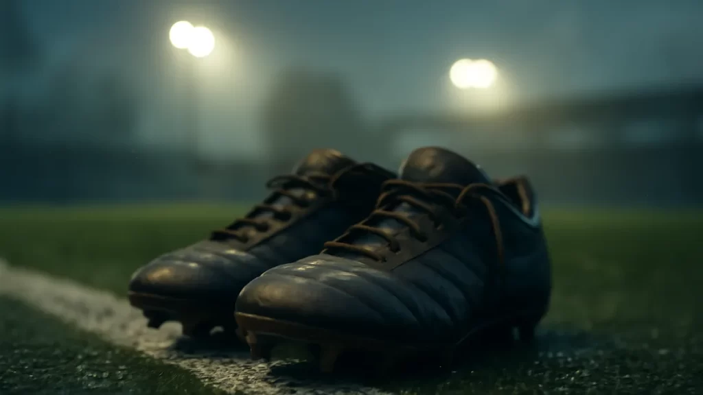 Jordyn Bugg commits to Seattle Reign through 2030 season Worn football boots by goal line on wet pitch under stadium floodlights.