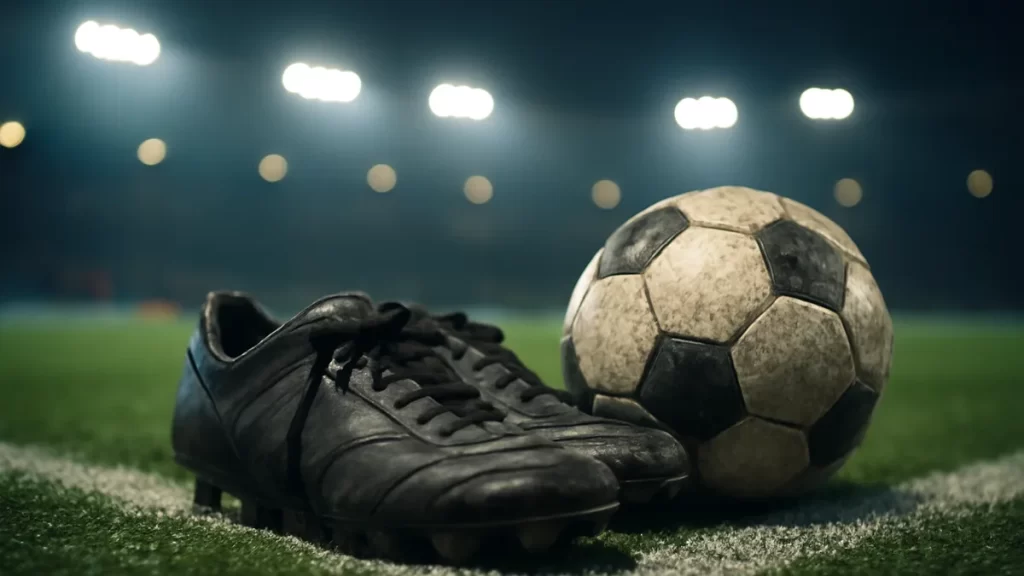 Worn boots and scuffed ball on wet pitch, empty stands blurred.
