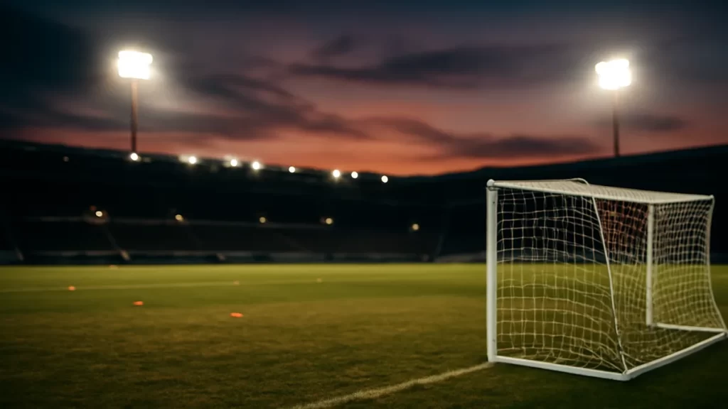 NWSL commissioner signals push to grow league to 20 teams Floodlit empty soccer pitch at dusk with goal and scattered training cones.