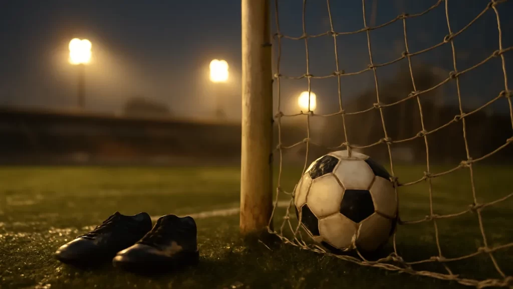 Wet pitch at dusk with ball in net and boots by touchline