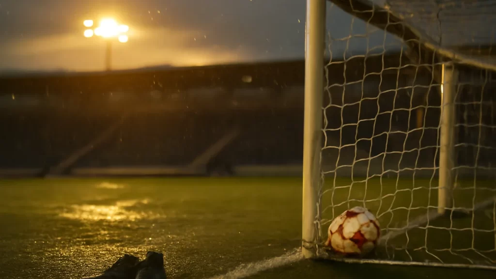 Ball in net at dusk on wet pitch, empty stands blurred