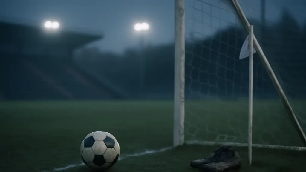 Football on wet pitch by goal, empty stands and boots nearby