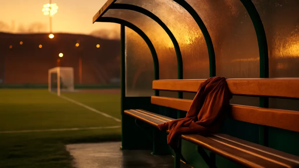 Sarina Wiegman signs new contract to remain with England through Euro 2029 Empty sideline bench with jacket, floodlit pitch and distant goal.