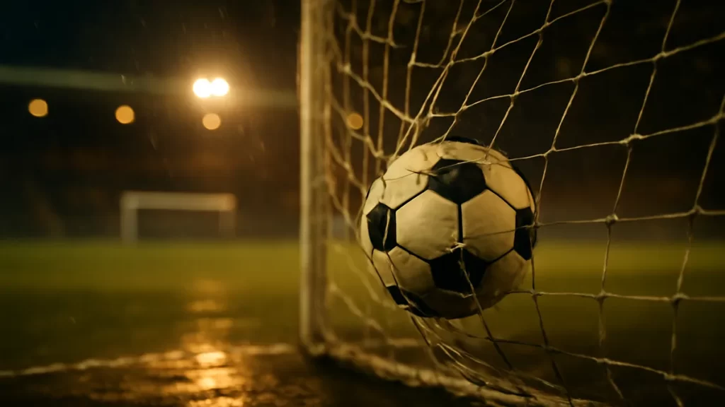 Shaw strike secures dramatic City comeback against Arsenal Football lodged in a bulging goal net under floodlights on wet pitch.