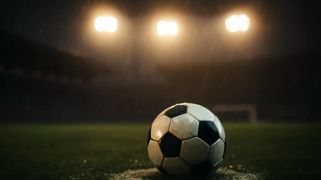 Rainy match ball on penalty spot under floodlights, blurred empty stands