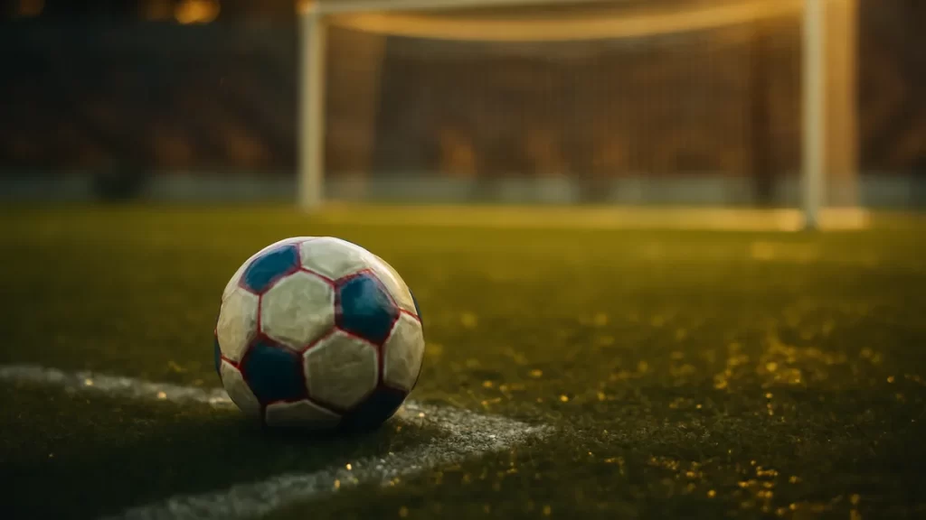 Rain-slicked football on pitch, blurred stands, illuminated goal net behind.