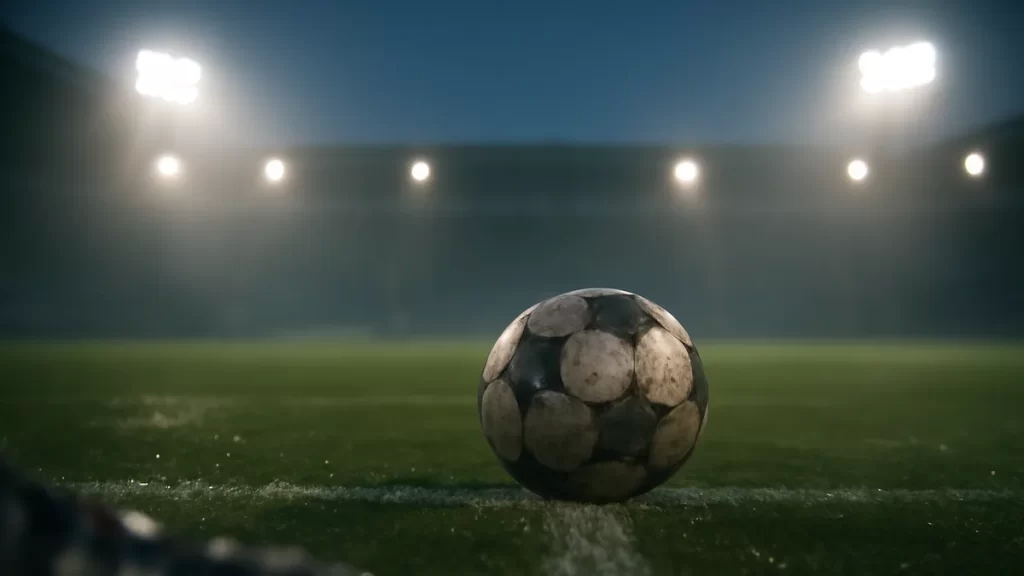 UEFA reportedly discusses Michele Kang as challenger for FIFA presidency Worn match ball on damp center circle under floodlights, empty stands.