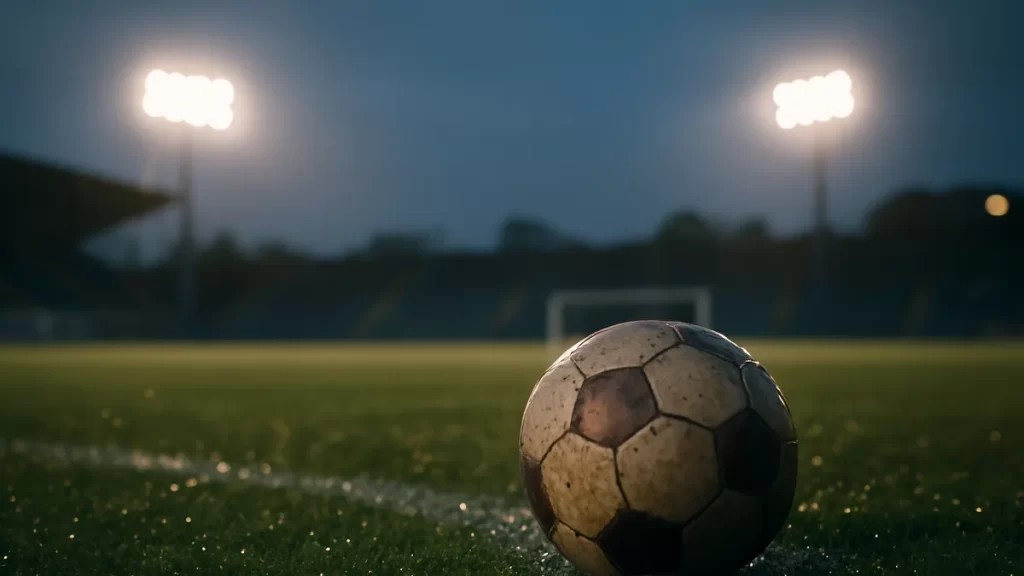 US Soccer unveils Arthur M. Blank Crest Cup with $1.1m prize Worn football on wet grass under floodlights, empty blurred stadium seats.
