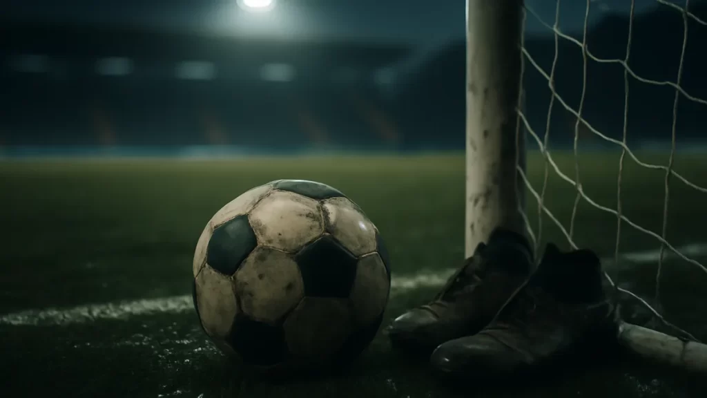 Scuffed football by a goal net, muddy boots, empty floodlit stands.