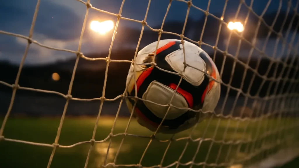 Football caught in goal net under floodlights, wet pitch and empty stands